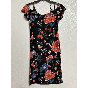 Derek Heart Spaghetti Strap Cold Shoulder Knee Length Dress Black Floral Print M
